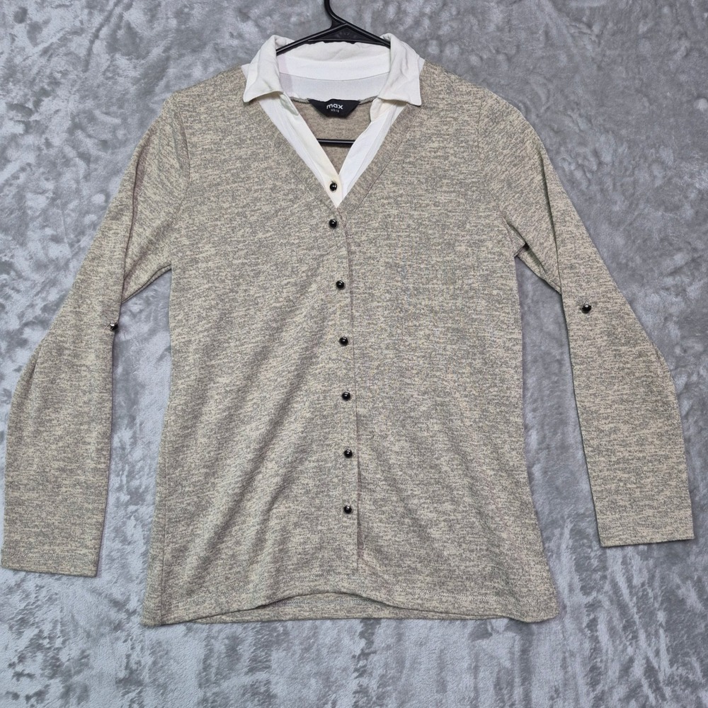 Max Womens XS/8 Layered Look Cardigan Top Oatmeal Heather Knit Faux 2-in-1 Shirt